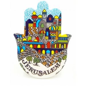 Ceramic Hamsa Magnet - Images of Jerusalem in Armenian Art Style