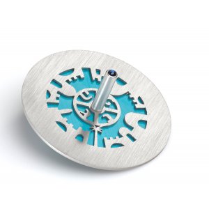 Adi Sidler Two Tone Chanukah Dreidel and Stand, Cutout Jerusalem Design - Turquoise