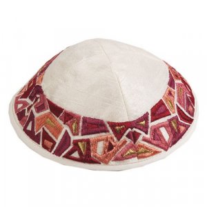 Yair Emanuel Embroidered Kippah, Maroon Geometric Shapes Design on Cream