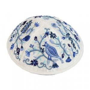 Yair Emanuel Kippah, Embroidered Birds and Flowers - Blue