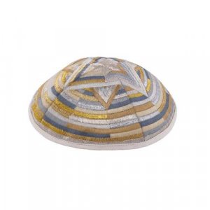 Yair Emanuel Embroidered Kippah, Large Star of David and Circular Bands - Gold