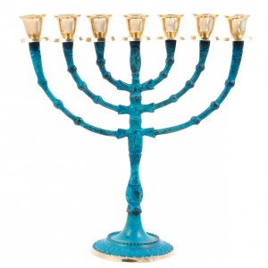 Seven Branch Blue Patina Menorah on Stem, Gold Candleholders  12" Height