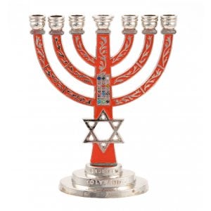 7-Branch Menorah, Red on Silver with Breastplate and Star of David  5.2"