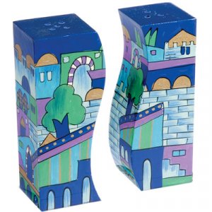 Yair Emanuel Hand-Painted Wood Fitted Salt & Pepper Shaker- Jerusalem in Blue