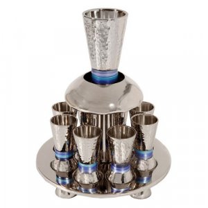 Yair Emanuel Hammered Nickel Kiddush Fountain on Tray with 8 Cups - Blue Rings