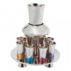 Yair Emanuel Hammered Aluminum Kiddush Fountain Set 8 Cups - Multicolored Bands