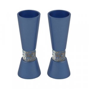 Yair Emanuel Cone Shaped Candlesticks with Silver Jerusalem Band - Blue