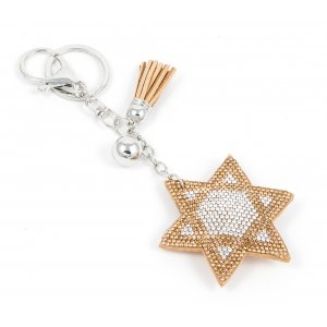 Padded Felt Star of David Key Chain, Glitter Gold & Silver Stones with Tassel