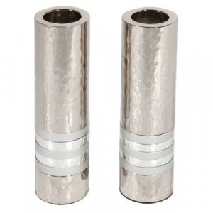 Yair Emanuel Hammered Nickel Cylinder Candlesticks - Silver Bands