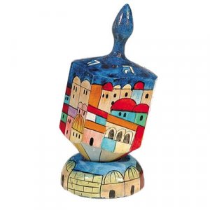 Yair Emanuel Large Hand Painted Wood Dreidel with Stand - Jerusalem Views