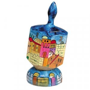 Yair Emanuel Large Hand Painted Wood Dreidel on Stand - Colorful Jerusalem