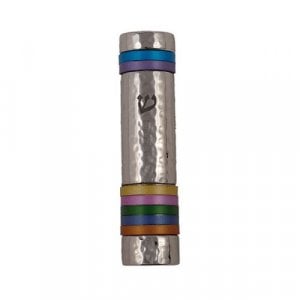 Yair Emanuel Hammered Aluminum Silver Mezuzah Case - Multicolor Bands