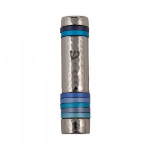 Yair Emanuel Hammered Aluminum Silver Mezuzah Case - Blue Bands