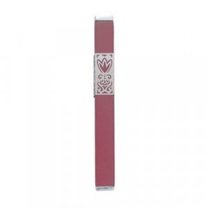 Yair Emanuel Anodized Aluminum Mezuzah Case, Decorative Cutout Flower - Maroon