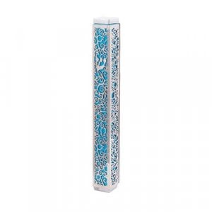 Yair Emanuel Mezuzah Case, Cutout Pomegranates and Flowers - Turquoise