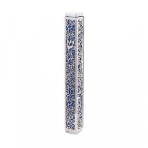 Yair Emanuel Mezuzah Case, Cutout Pomegranates and Flowers - Blue