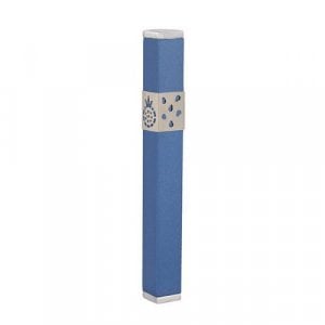 Yair Emanuel Stainless Steel Mezuzah Case, Cutout Pomegranates - Blue