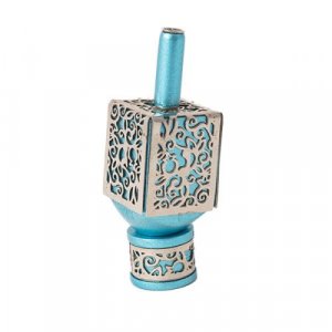 Yair Emanuel Hanukah Dreidel and Stand, Cutout Pomegranates - Silver on Turquoise