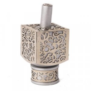 Yair Emanuel Hanukkah Dreidel and Stand, Cutout Pomegranates - Silver on Silver