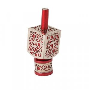 Yair Emanuel Hanukkah Dreidel on Stand, Cutout Pomegranates - Silver on Red