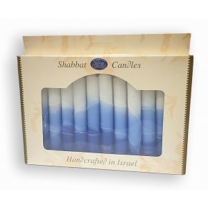 Decorative Handmade Galilee Shabbat Candles - White and Blues with Streaks