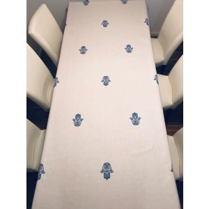 Ivory Colored Tablecloth Decorated with Hamsas and Protective Eye - Blue