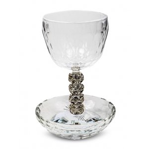 Faceted Glass Kiddush Cup and Tray Decorated with Gold and Silver Crystal Beads