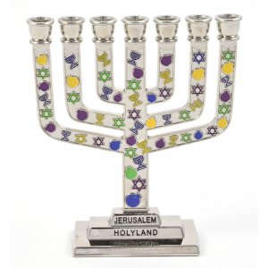 Decorative Mini 7-Branch Menorah, Silver with Colored Judaica Symbols - 3.9 Height