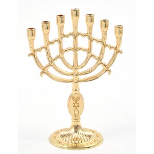 Decorative Mini 7 Branch Menorah with Fish Symbol, Gold - 4" Height