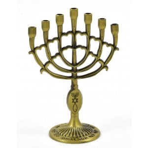 Decorative Mini 7 Branch Menorah with Fish Symbol, Gold - 4" Height