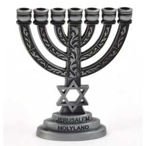 Decorative Miniature 7 Branch Menorah with Star of David, Pewter - 2.7 Inches