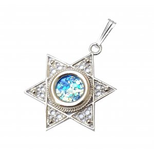 Roman Glass and Filigree Star of David Sterling Silver Pendant Necklace