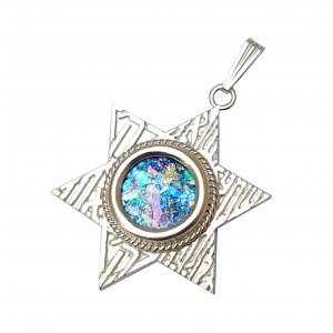 Sterling Silver Star of David Filigree Shema Pendant Necklace with Roman Glass