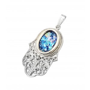 Sterling Silver Hamsa Pendant Necklace with Roman Glass and Scrolling Filigree