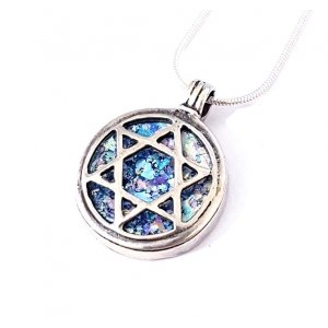 Round Roman Glass Filigree 925 Sterling Silver Necklace with Star of David