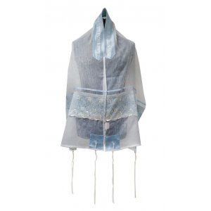 Ronit Gur Tallit Prayer Shawl Set, Organza with Blue Floral Lace Decoration