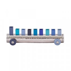 Yair Emanuel Train Hanukkah Menorah, Hammered Aluminum - Blue Shades