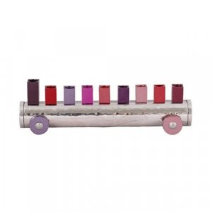 Yair Emanuel Train Chanukah Menorah, Hammered Aluminum - Red and Pink Shades