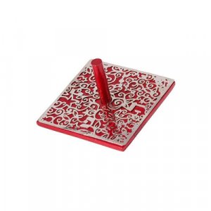 Yair Emanuel Dreidel, Silver Floral and Pomegranate Cutout Design - Red