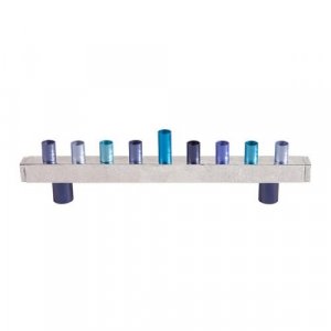 Yair Emanuel Hammered Aluminum Hanukkah Menorah with Tube Design - Blue