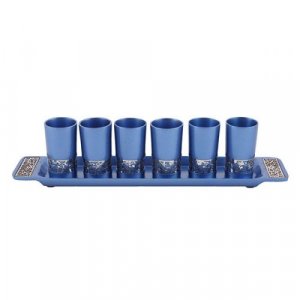 Yair Emanuel Six Small Kiddush Cups with Tray, Pomegranate Cutout - Blue