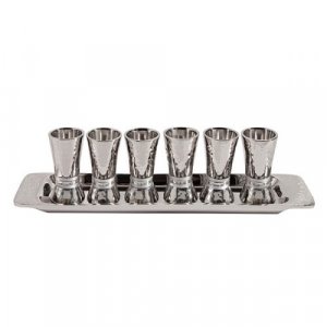 Yair Emanuel Six Hammered Aluminum Kiddush Cups and Tray - Silver Bands