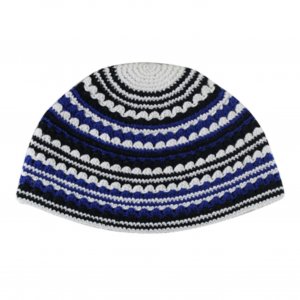 Hand Made Frik Kippah with White, Blue and Black Stripes