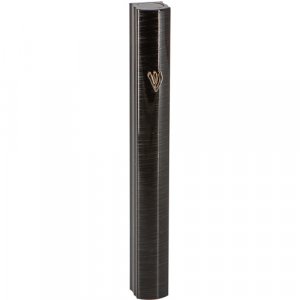 Black Aluminum Mezuzah Case with gray pinstripes - Silver Shin Letter