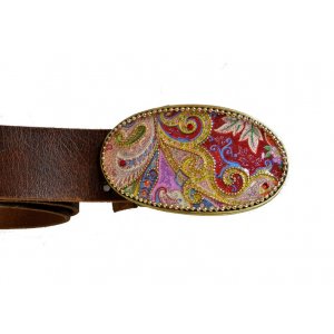 Woman's Belt with Colorful Paisley Design Buckle by Iris Design