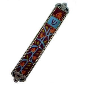 Iris Design Handcrafted Pewter and Enamel Beaded Mezuzah Case - Pomegranates