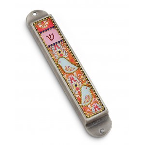 Iris Design Handcrafted Pewter & Enamel Beaded Colored Mezuzah Case - Love Birds