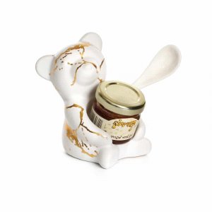 Rosh Hashanah Ceramic Honey Dish, Bear with Honey and Spoon - White and Gold