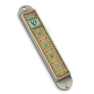 Iris Design Handcrafted Pewter & Enamel Beaded Mezuzah Case - Floral Geometrics