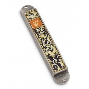 Iris Design Handcrafted Pewter & Enamel Beaded Mezuzah Case - Florals on Black